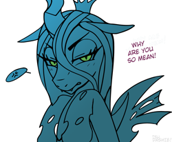 Size: 1815x1497 | Tagged: source needed, safe, artist:tsudashie, queen chrysalis, changeling, changeling queen, canterlot wedding 10th anniversary, g4, angry, cross-popping veins, dialogue, female, floppy ears, frown, heart, lidded eyes, simple background, speech bubble, white background