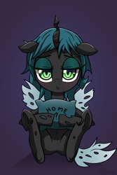 Size: 1930x2893 | Tagged: safe, artist:tsudashie, queen chrysalis, changeling, changeling queen, canterlot wedding 10th anniversary, g4, eyeshadow, female, floppy ears, lidded eyes, looking at you, makeup, pillow, sitting, solo, underhoof, younger
