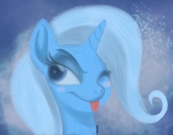 Size: 1626x1276 | Tagged: safe, artist:venusdietrap, trixie, pony, unicorn, g4, ;p, bust, female, mare, one eye closed, portrait, solo, tongue out