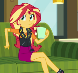 Size: 640x601 | Tagged: safe, edit, edited screencap, screencap, sunset shimmer, human, equestria girls, equestria girls series, g4, text support, clothes, coffee mug, couch, leather, leather vest, looking at you, mug, sitting, solo, text support: sunset shimmer, vest
