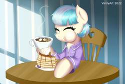 Size: 2932x1984 | Tagged: safe, artist:vinilyart, coco pommel, earth pony, pony, g4, blueberry, chocolate, cocobetes, cute, eating, eyes closed, female, food, herbivore, hot chocolate, maple syrup, mare, marshmallow, pancakes, solo, whipped cream