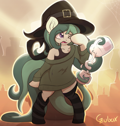 Size: 3784x4000 | Tagged: safe, artist:czu, oc, oc only, oc:coven, semi-anthro, arm hooves, clothes, coffee, cup, femboy, girly, hat, male, milk, sleepy, socks, stockings, striped socks, sweater, tentacle porn, tentacles, thigh highs