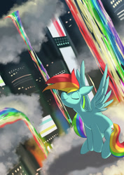 Size: 1024x1449 | Tagged: safe, artist:neoshrek, rainbow dash, pegasus, pony, g4, city, cloud, rainbow waterfall, solo
