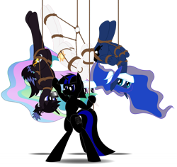 Size: 1024x968 | Tagged: safe, artist:billy2345, princess celestia, princess luna, oc, oc:nightswift, alicorn, pony, unicorn, g4, bipedal, bondage, bound and gagged, cloth gag, colt, female, foal, gag, hanging, hanging upside down, help us, looking at each other, looking at someone, male, mare, over the nose gag, rope, rope bondage, simple background, suspended, suspension bondage, tape, tape gag, tied up, transparent background, upside down