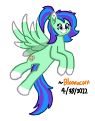 Size: 449x572 | Tagged: safe, artist:bloonacorn, oc, oc only, oc:star breeze, pegasus, pony, bald face, blaze (coat marking), coat markings, ear fluff, facial markings, female, flying, full body, hooves, mare, pegasus oc, ponytail, signature, simple background, smiling, snip (coat marking), socks (coat markings), solo, spread wings, tail, transparent background, two toned mane, two toned tail, wings