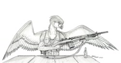 Size: 1700x891 | Tagged: safe, artist:baron engel, oc, oc only, griffon, assault rifle, beretta, griffon oc, gun, male, monochrome, pencil drawing, rifle, simple background, solo, spread wings, story included, table, traditional art, weapon, white background, wings