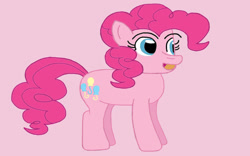 Size: 1024x640 | Tagged: safe, artist:mariosonicfan16, pinkie pie, earth pony, pony, g4, female, full body, happy, hooves, looking at someone, looking at something, mare, open mouth, pink background, simple background, smiling, solo, standing, tail