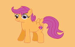 Size: 1024x640 | Tagged: safe, artist:mariosonicfan16, scootaloo, pegasus, pony, g4, female, filly, foal, full body, happy, hooves, looking at you, orange background, simple background, smiling, smiling at you, solo, spread wings, standing, tail, wings