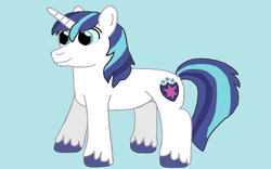 Size: 1024x640 | Tagged: safe, artist:mariosonicfan16, shining armor, pony, unicorn, g4, blue background, full body, hooves, horn, male, simple background, smiling, solo, stallion, standing, tail, unshorn fetlocks