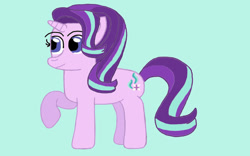 Size: 1024x640 | Tagged: safe, artist:mariosonicfan16, starlight glimmer, pony, unicorn, g4, blue background, female, full body, happy, hooves, horn, looking at someone, looking at something, mare, raised hoof, simple background, smiling, solo, standing, tail