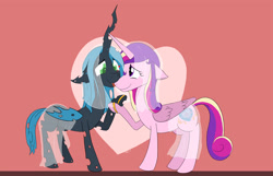 Size: 1920x1236 | Tagged: safe, artist:soccy, princess cadance, queen chrysalis, alicorn, changeling, changeling queen, pony, canterlot wedding 10th anniversary, g4, clothes, dress, duo, female, heart, holding hooves, hoof ring, jewelry, kissing, lesbian, looking at each other, looking at someone, nose kiss, pink background, ring, ship:cadalis, shipping, simple background, wedding dress, wedding ring