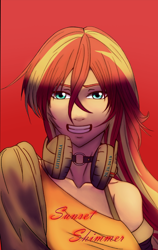 Size: 684x1080 | Tagged: safe, artist:rittaruzira, edit, sunset shimmer, human, g4, bust, cropped, female, gradient background, grin, headphones, humanized, smiling, solo