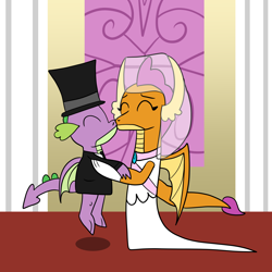 Size: 1600x1600 | Tagged: safe, artist:platinumdrop, smolder, spike, dragon, g4, clothes, dragoness, dress, female, hat, kiss on the lips, kissing, male, marriage, request, ship:spolder, shipping, straight, top hat, tuxedo, wedding, wedding dress