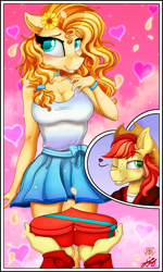 Size: 1800x2996 | Tagged: safe, artist:stainedglasslighthea, bright mac, pear butter, earth pony, anthro, g4, blushing, breasts, busty pear butter, cleavage, clothes, duo, female, flower, flower in hair, heart, holiday, male, one eye closed, ship:brightbutter, shipping, skirt, smiling, straight, valentine's day, wink