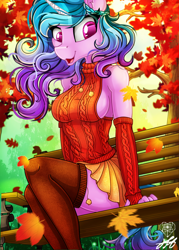 Size: 1574x2200 | Tagged: safe, artist:stainedglasslighthea, izzy moonbow, unicorn, anthro, g5, autumn, bench, breasts, clothes, evening gloves, eye clipping through hair, eyebrows, eyelashes, female, fingerless elbow gloves, fingerless gloves, gloves, highlights, horn, leaves, long gloves, mare, open mouth, open smile, pleated skirt, ponytail, purple eyes, shoulder fluff, shoulderless, sideboob, sitting, skirt, smiling, socks, solo, stockings, thigh highs, thighs, ych example, your character here
