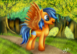 Size: 1524x1076 | Tagged: safe, artist:stainedglasslighthea, oc, oc only, pegasus, pony, forest, grass, male, pegasus oc, solo, spread wings, wings