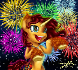 Size: 1024x922 | Tagged: safe, artist:stainedglasslighthea, oc, oc only, oc:stained glass light heart, pony, unicorn, female, fireworks, horn, open mouth, solo, unicorn oc