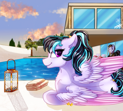 Size: 2000x1800 | Tagged: safe, artist:stainedglasslighthea, oc, oc only, pegasus, pony, butler, female, lantern, male, palm tree, pegasus oc, piercing, solo focus, swimming pool, tree, wing piercing, wings