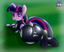 Size: 5075x4154 | Tagged: safe, alternate version, artist:damlanil, twilight sparkle, alicorn, pony, g4, bedroom eyes, blushing, bodysuit, butt, catsuit, clothes, crossed hooves, crossed legs, cute, dock, female, folded wings, frog (hoof), glowing, glowing horn, grass, happy, horn, latex, latex suit, looking at you, looking back, looking back at you, lying down, mare, open mouth, open smile, plot, prone, rubber, shiny, smiling, solo, suit, tail, twiabetes, twibutt, twilight sparkle (alicorn), underhoof, vector, wings