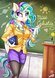 Size: 1413x1999 | Tagged: safe, artist:stainedglasslighthea, princess celestia, alicorn, anthro, g4, book, breasts, chalkboard, cleavage, clothes, female, orrery, skirt, smiling, solo, teacher, ych example, your character here