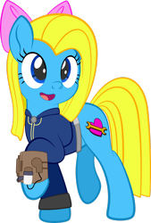 Size: 1920x2843 | Tagged: safe, artist:alexdti, oc, oc only, oc:cuteamena, earth pony, pony, fallout equestria, bow, clothes, earth pony oc, female, full body, hair bow, high res, hooves, jumpsuit, mare, open mouth, open smile, raised hoof, raised leg, simple background, smiling, solo, tail, transparent background, vault suit