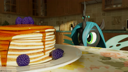 Size: 3840x2160 | Tagged: safe, artist:me0wanon, queen chrysalis, changeling, changeling queen, canterlot wedding 10th anniversary, g4, 3d, berry, blackberry, blender, female, food, high res, honey, kitchen, pancakes, plate, solo, wings