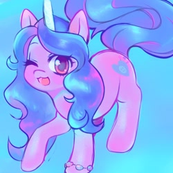 Size: 1400x1400 | Tagged: safe, artist:horseyuris, izzy moonbow, pony, unicorn, g5, blue background, blushing, bracelet, cute, female, floating, izzybetes, jewelry, looking at you, mare, one eye closed, open mouth, open smile, simple background, smiling, smiling at you, solo, sparkly, wink, winking at you