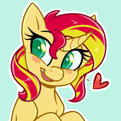 Size: 512x512 | Tagged: safe, artist:esmeia, edit, sunset shimmer, pony, unicorn, g4, blue background, blush sticker, blushing, bust, curved horn, cute, emoji, emoticon, female, heart, horn, looking away, mare, open mouth, request, requested art, shimmerbetes, simple background, smiling, solo