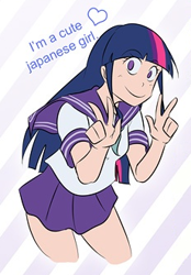 Size: 230x330 | Tagged: safe, artist:kibate, edit, twilight sparkle, human, g4, abstract background, anime, clothes, cropped, female, heart, humanized, japanese, sailor uniform, schoolgirl, skirt, smiling, solo, uniform, victory sign