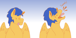 Size: 1350x675 | Tagged: safe, artist:daotterguy, flash sentry, pegasus, pony, g4, behaving like a bird, goofy, gradient background, male, solo, squawk, stallion, tongue out, wings