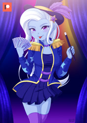 Size: 800x1131 | Tagged: safe, artist:uotapo, trixie, human, equestria girls, adorasexy, card, clothes, coat, cute, diatrixes, dress, female, hat, magician, magician outfit, muffin top, patreon, patreon logo, sexy, solo, stockings, stupid sexy trixie, thigh highs, tongue out, top hat, wand, zettai ryouiki