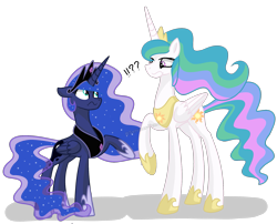 Size: 2113x1709 | Tagged: safe, artist:winter-scarf, princess celestia, princess luna, alicorn, pony, g4, :s, accessory swap, crown, exclamation point, female, hoof shoes, interrobang, jewelry, looking at each other, looking at someone, mare, necklace, question mark, raised hoof, regalia, simple background, swap, transparent background, wavy mouth