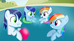 Size: 1280x720 | Tagged: safe, artist:mlplary6, rainbow dash, soarin', oc, oc:blue skies, oc:speedy dash, pegasus, pony, g4, ball, colt, family, female, filly, foal, husband and wife, male, mare, offspring, parent:rainbow dash, parent:soarin', parents:soarindash, pond, ship:soarindash, shipping, siblings, smiling, stallion, straight, twins, water