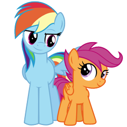 Size: 500x500 | Tagged: safe, artist:ashidaru, rainbow dash, scootaloo, pegasus, pony, g4, duo, duo female, female, filly, foal, folded wings, front view, hooves, lidded eyes, looking at each other, looking at someone, mare, one wing out, scootalove, simple background, smiling, smiling at each other, standing, transparent background, vector, wings