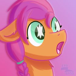 Size: 1000x1000 | Tagged: safe, artist:exobass, sunny starscout, earth pony, pony, g5, my little pony: a new generation, :o, amazed, braid, bust, ear fluff, female, floppy ears, mare, open mouth, portrait, signature, solo, starry eyes, watermark, wingding eyes