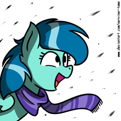 Size: 768x768 | Tagged: safe, artist:winter-scarf, oc, oc only, oc:winter scarf, pegasus, pony, clothes, female, open mouth, pegasus oc, scarf, simple background, snow, snowfall, solo, striped scarf, white background