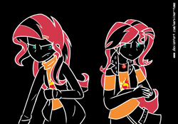 Size: 1336x935 | Tagged: safe, artist:winter-scarf, sunset shimmer, human, equestria girls, g4, black background, duality, duo, female, human sunset, simple background