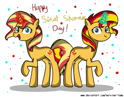 Size: 1259x986 | Tagged: safe, artist:winter-scarf, sunset shimmer, pony, unicorn, g4, duality, duo, female, glowing, glowing horn, horn, open mouth, open smile, self paradox, self ponidox, simple background, smiling, sunset shimmer day, white background