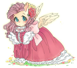 Size: 695x618 | Tagged: safe, artist:pasikon, fluttershy, pegasus, pony, g4, bow, braid, clothes, cute, dress, female, flower, flower in hair, frilly dress, lolita fashion, looking at you, mare, pixiv, shyabetes, solo