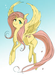 Size: 626x848 | Tagged: safe, artist:pasikon, fluttershy, pegasus, pony, g4, aside glance, blushing, female, flying, gradient background, looking at you, mare, pixiv, smiling, solo, spread wings, wings