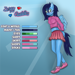 Size: 1527x1533 | Tagged: safe, artist:zorgycuddles, oc, oc only, oc:zorgy cuddles, pegasus, anthro, plantigrade anthro, clothes, female, reference sheet, shirt, shoes, skirt, solo, standing