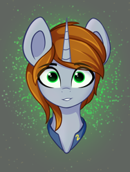 Size: 2400x3200 | Tagged: safe, artist:stravy_vox, oc, oc only, oc:littlepip, pony, unicorn, fallout equestria, abstract background, alternate hairstyle, big horn, bust, clothes, eye clipping through hair, female, hair over one eye, high res, horn, jumpsuit, looking at you, mare, portrait, smiling, smiling at you, solo, vault suit