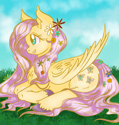 Size: 1280x1352 | Tagged: safe, artist:pinkcorgo, fluttershy, pegasus, pony, g4, chest fluff, colored hooves, female, flower, flower in hair, folded wings, grass, looking away, lying down, mare, open mouth, open smile, outdoors, profile, prone, smiling, solo, unshorn fetlocks, wings