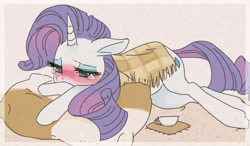 Size: 693x406 | Tagged: safe, artist:pasikon, rarity, pony, unicorn, g4, blanket, blushing, cup, cute, female, flushed face, lying down, mare, pillow, pixiv, prone, raribetes, sad, sadorable, solo, teacup, teary eyes