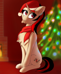 Size: 2500x3000 | Tagged: safe, artist:stravy_vox, oc, oc:blackjack, pony, unicorn, fallout equestria, fallout equestria: project horizons, chest fluff, christmas, christmas tree, fanfic art, female, hat, high res, holiday, horn, santa hat, solo, tree, unicorn oc