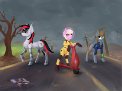 Size: 2000x1500 | Tagged: safe, artist:stravy_vox, oc, oc only, oc:blackjack, oc:littlepip, oc:puppysmiles, pony, unicorn, fallout equestria, fallout equestria: pink eyes, fallout equestria: project horizons, amputee, clothes, fanfic art, female, grin, horn, jumpsuit, pipbuck, prosthetic leg, prosthetic limb, prosthetics, radiation suit, road, scooter, small horn, smiling, trio, unicorn oc, vault suit