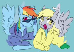 Size: 655x463 | Tagged: safe, artist:pasikon, derpy hooves, rainbow dash, pegasus, pony, g4, blushing, clothes, cute, duo, female, heart, hoodie, mare, open mouth, osomatsu-san, oversized clothes, pixiv, sunglasses