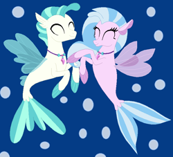 Size: 724x658 | Tagged: safe, artist:jadeharmony, silverstream, terramar, seapony (g4), g4, blue background, blue mane, brother and sister, bubble, clothes, dorsal fin, eyes closed, female, fin wings, fins, fish tail, flowing mane, flowing tail, jewelry, looking at each other, male, necklace, seapony silverstream, see-through, siblings, simple background, smiling, smiling at each other, tail, underwater, water, wings