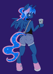 Size: 705x978 | Tagged: safe, artist:fajeh, princess luna, semi-anthro, g4, arm hooves, blue background, clothes, coffee, coffee cup, converse, cup, dark background, looking at you, ponytail, shoes, shorts, simple background, smiling, smiling at you, sneakers