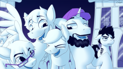 Size: 1920x1080 | Tagged: safe, artist:dmann892, edit, oc, oc only, earth pony, pegasus, pony, unicorn, beard, facial hair, glasses, hat, horn, houses, laughing, male, oneyplays, tattoo
